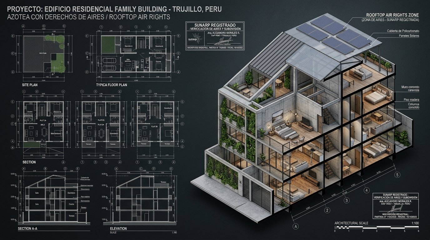 Plano de independización de departamentos y corte de azotea con derechos de aires en Trujillo